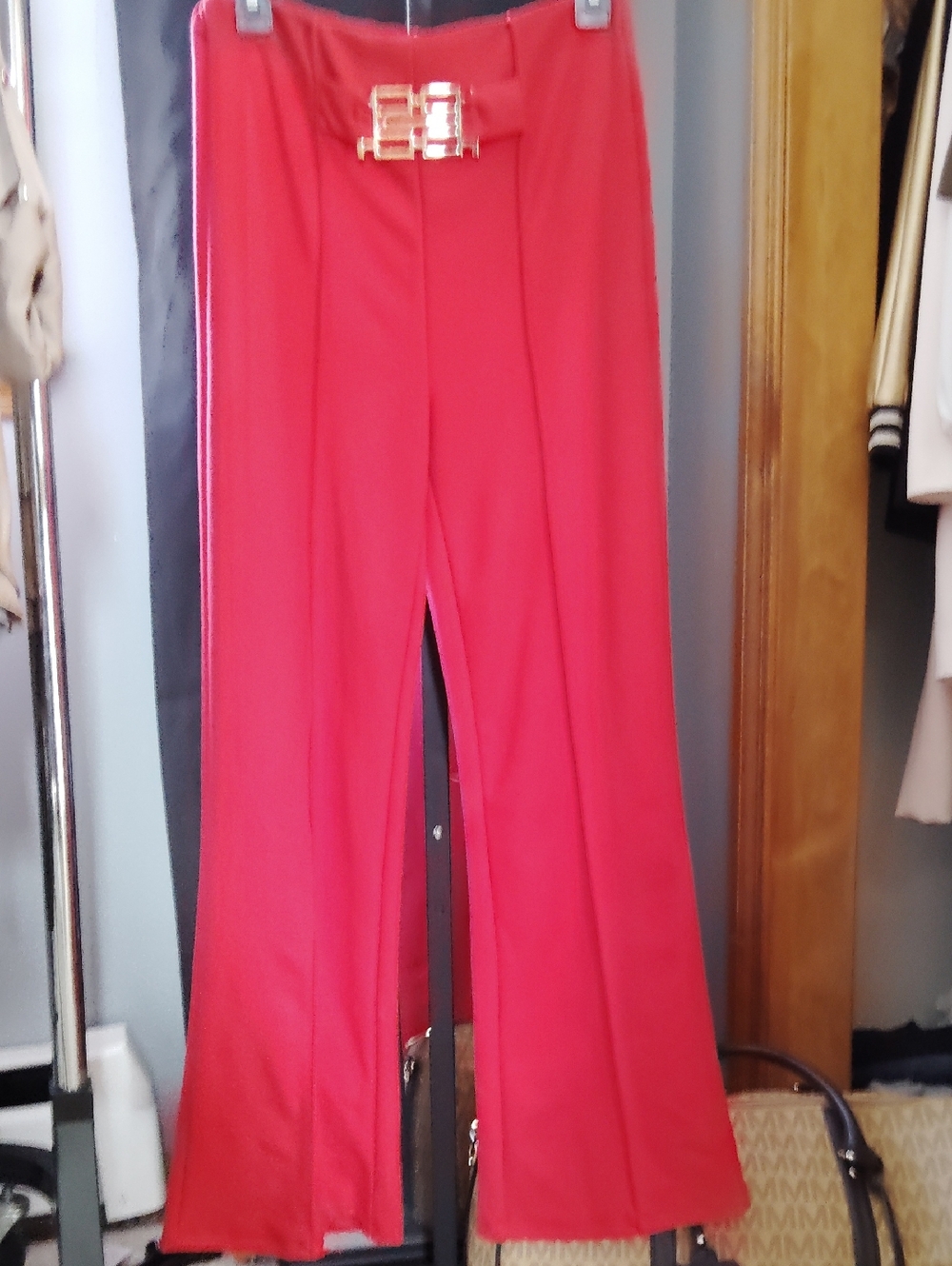 AGACI Red Wide-Leg High-Waist Pants with Decorative Buckle M NWT $59